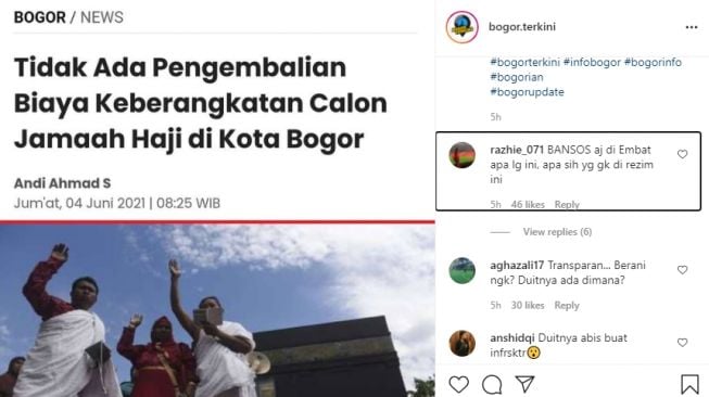 Komentar netizen soal tak ada pengembalian biaya jamaah haji di Kota Bogor [@bogor.terkini]