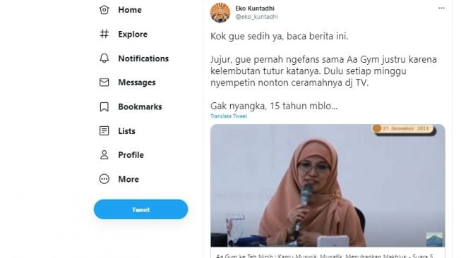 Cuitan Eko Kuntadhi soal pengakuan anak Aa Gym.[Twitter/@eko_kuntadhi]