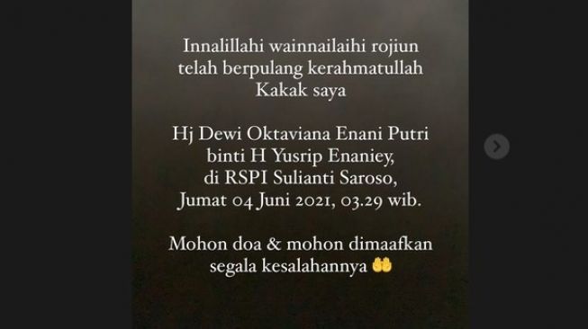 Terry Putri membawa kabar duka, sang kakak meninggal dunia akibat terinfeksi Covid-19. [Instagram]