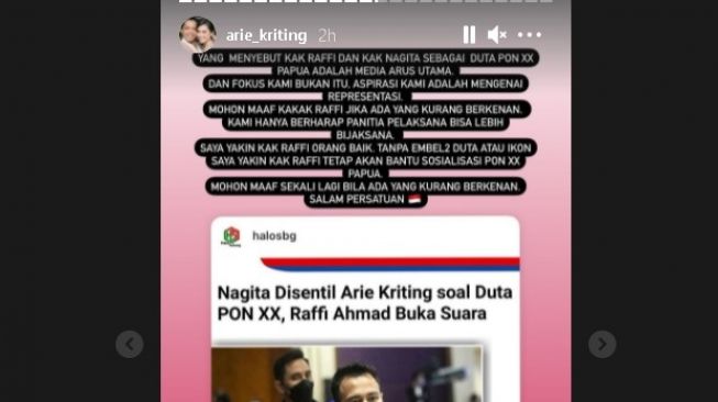 Arie Kriting minta maaf ke Raffi Ahmad. (Instagram/@arie_kriting)