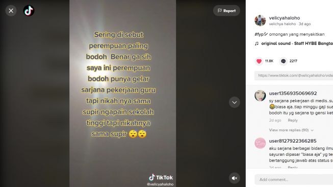 Curhat Wanita Sedih Dinyinyiri Tetangga, 'Sarjana Kok Nikah Sama Sopir' (TikTok)