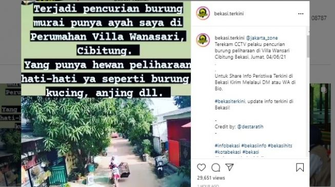 Viral seseorang diduga pencuri burung di Cibitung, Kabupaten Bekasi, terekam CCTV.[Instagram/bekasi.terkini]