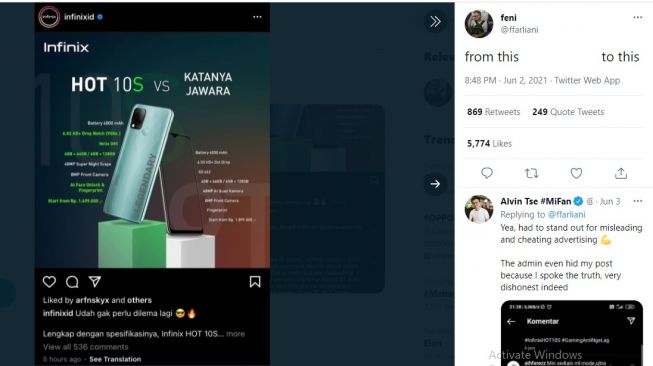 Cuitan netizen soal iklan Infinix. [Twitter]