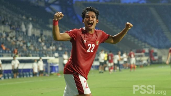 Pemain Timnas Indonesia, Kadek Agung saat melakukan selebrasi usai mebobol gawang Thailand (dok. PSSI).