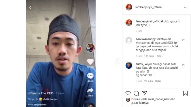 Unggahan soal Ustaz Syam [Instagram/@lambenyinyir_official]