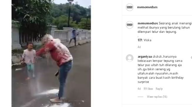 Aksi anak tangisi ibunya yang sedang disiram tepung saat ulang tahun (instagram.com/@memomedsos)