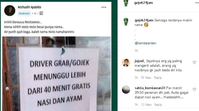 Rumah makan beri nasi ayam gratis untuk ojol yang antre lebih dari 40 menit (instagram)