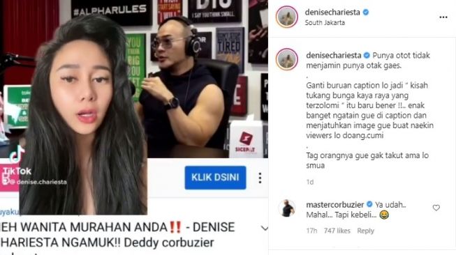 Kronologi Denise Chariesta ngamuk ke Deddy Corbuzier gegara judul podcast. (Instagram/denisechariesta)