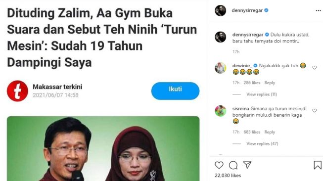 Unggahan Denny Siregar komentari soal rumah tangga Aa Gym dan Teh Ninih [Instagram@Denysiregar]