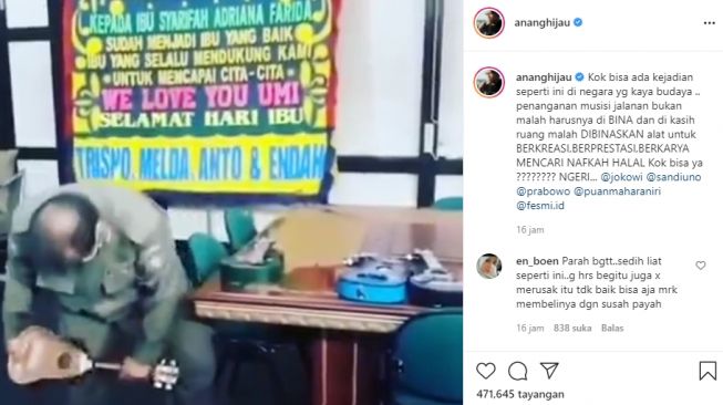 Anang Hermansyah soroti aksi Satpol PP Pontianak hancurkan ukulele pengamen. (Instagram/@ananghijau)