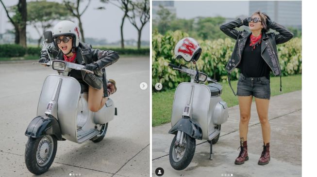 Gaya Poppy Sovia bersama Dodi, Vespa modifikasi miliknya (Instagram)