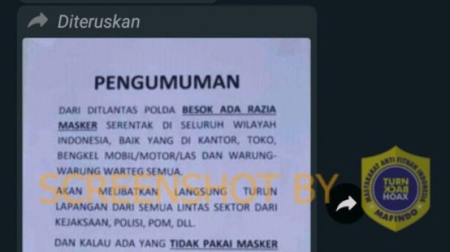 CEK FAKTA: Viral Info Razia Masker Serentak di Seluruh Indonesia, Benarkah?