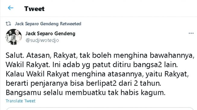 Cuitan Sudjiwo Tedjo soal RUU KUHP (twitter)