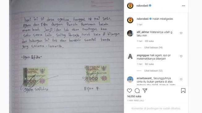 Surat perjanjian sepasang kekasih. [Instagram]