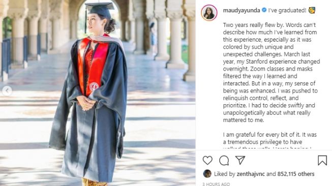 Maudy Ayunda lulus S2 di Stanford University. [Instagram/maudyayunda]