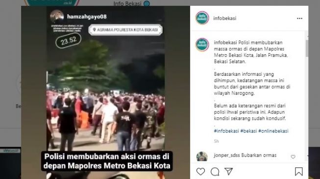 Viral aksi ormas di depan Markas Polres Metro Bekasi Kota pada Rabu (9/6/2021) malam.[Instagram/infobekasi]