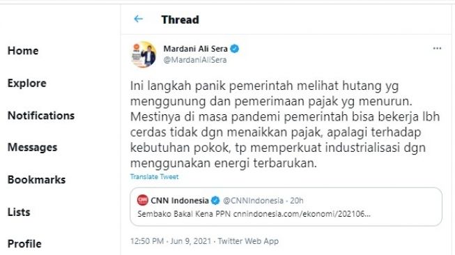 Cuitan Mardani Ali Sera soal rencana sembako bakal kena PPN.[Twitter/@MardaniAliSera]