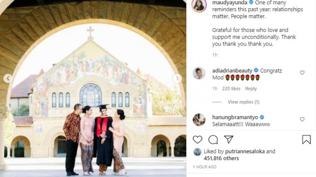 Maddie Ayunda lulus S2 dari Stanford University. [Instagram/maudyayunda]
