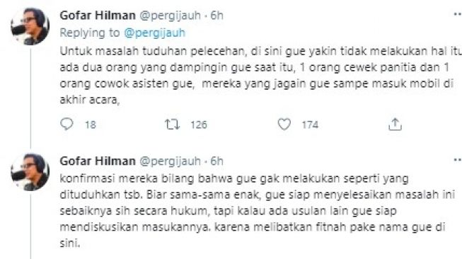 Klarifikasi Gofar Hilman. (Twitter/pergijauh)