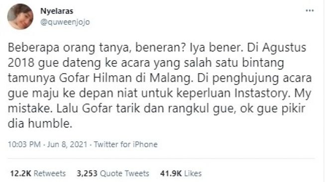 Pengakuan warganet sebut Gofar Hilman pernah lakukan pelecehan seksual. (Twitter/quweenjojo)