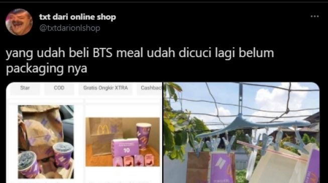 Bungkus kosong BTS Meal dijemur dan dijual secara online. (Twitter/txtdarionlshop)