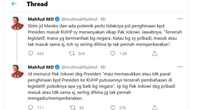 Sempat Ditanya Mahfud MD Soal Pasal Penghinaan Presiden, Jokowi: Terserah Legislatif