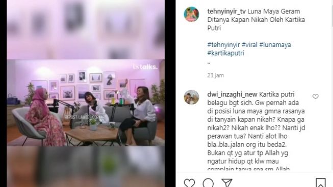 Unggahan soal Luna Maya dan Kartika Putri [Instagram/@tehnyinyir_tv]