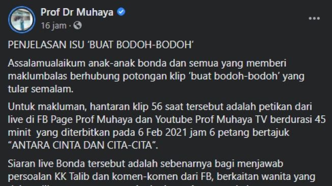  Klarifikais Profesor Muhaya. (Facebook)