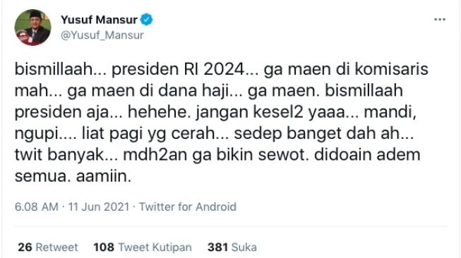 Ustadz Yusuf Mansur menyatakan siap nyapres 2024. [Twitter]