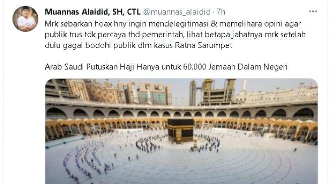 Muannas Alaidid sindir penyebar hoaks tentang kebijakan haji (twitter)