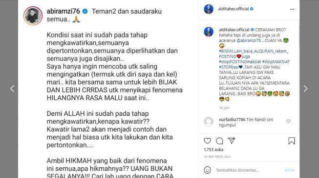 Postingan Aldi Taher. [Instagram/@alditaher.official]