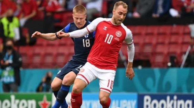 Gelandang Denmark Christian Eriksen saat menghadapi Finlandia di laga Grup B Euro 2020 dithe Parken Stadium, Kopenhagen. Jonathan NACKSTRAND / POOL / AFP