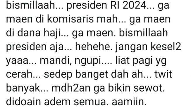 Cuitan Ustaz Yusuf Mansur soal Presiden 2024. [Twitter]