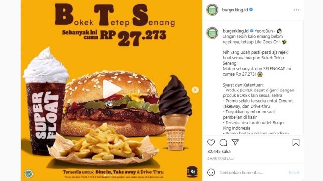 Menu baru Burger King, BTS. [Instagram]