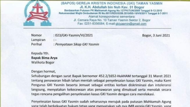 Beredar surat penolakan relokasi GKI Yasmin Bogor [Ist]