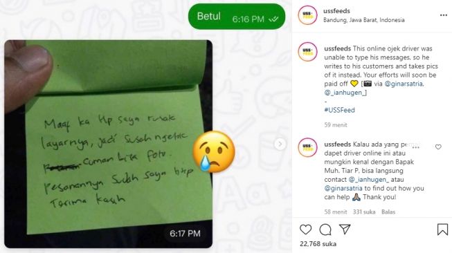 Pesan ojol bikin customer terharu. (Instagram/@ussfeeds)