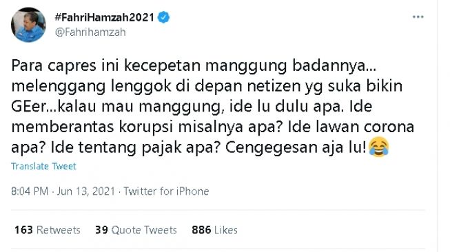 Cuitan Fahri Hamzah soal capres (twitter)