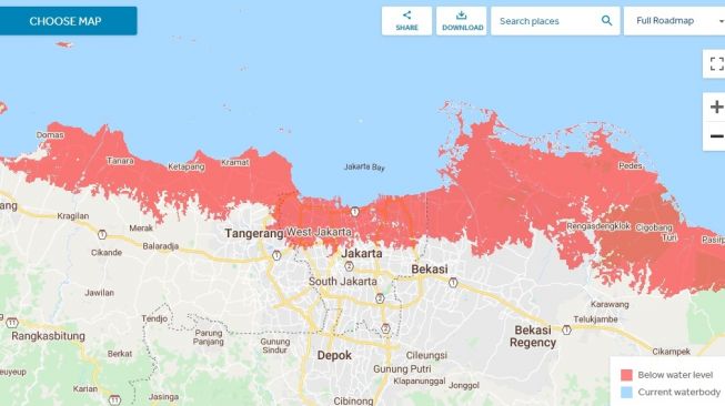 Peta wilayah di Indonesia diprediksi akan tenggelam. [Climatecentral]