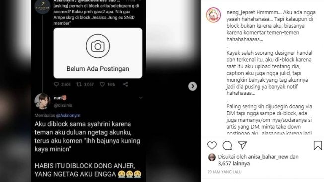 Pengakuan netizen soal diblokir artis di media sosial [Instagram/@neng_jepret]