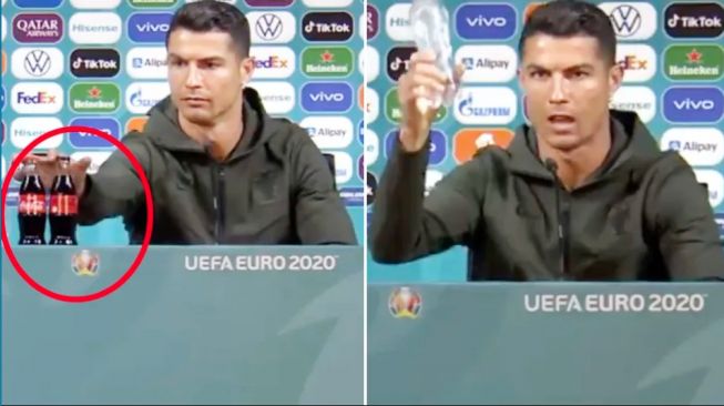 Aksi Cristiano Ronaldo menyingkirkan botol Coca-cola untuk digantikan air mineral dalam konferensi pers Euro 2020. [Tangkapan layar Yahoo]