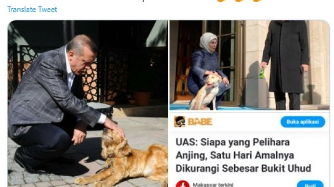 UAS Sebut Pelihara Anjing pahalanya berkurang, netizen umbar foto Erdogan. (Twitter)