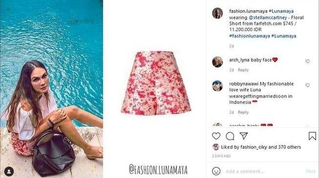 Harga celana pendek Luna Maya selangit. [Instagram/@fashion.lunamaya]