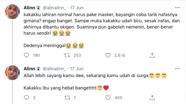 Utasan warganet yang menceritakan kakaknya melahirkan menggunakan masker, hingga akhirnya anak tersebut disebutkan tak tertolong. [Twitter]