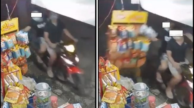 Aksi pemotor nekat melakukan pencurian barang dagangan toko di pinggir jalan (Facebook)