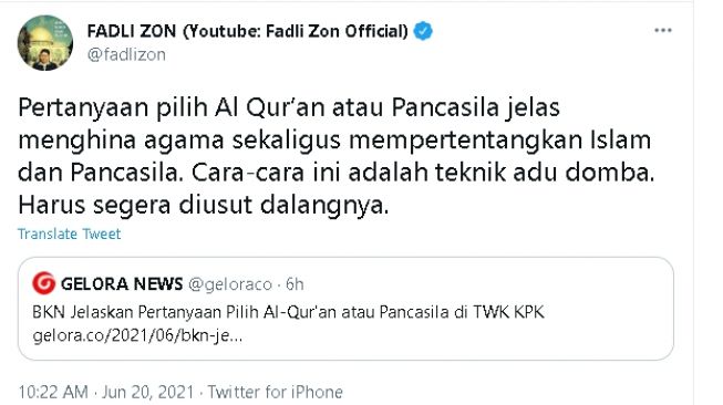 Cuitan Fadli Zon soal pertanyaan 'Pilih Alquran atau Pancasila' (twitter)