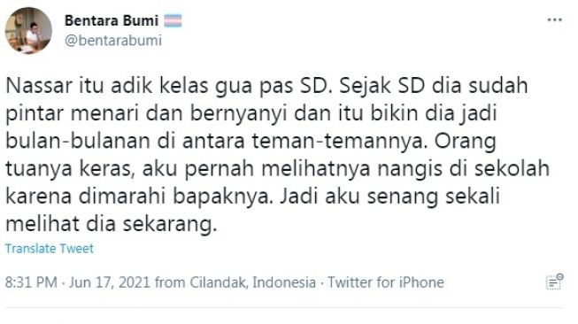 Unggahan soal pedangdut Nassar [Twitter/@bentarabumi]