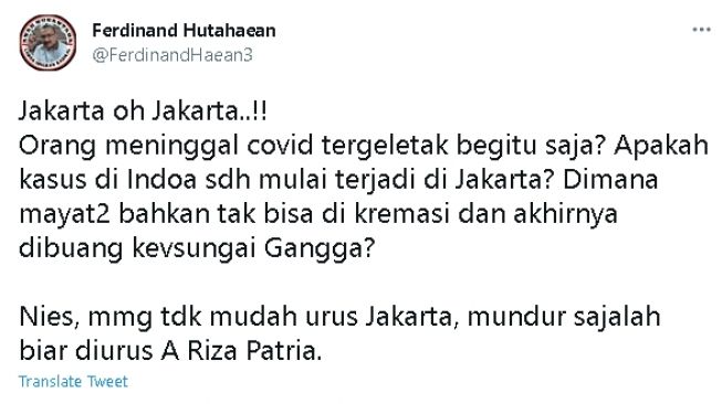 Cuitan Ferdinand Hutahaean soal jenazah covid tergeletak di depan rumah (twitter)