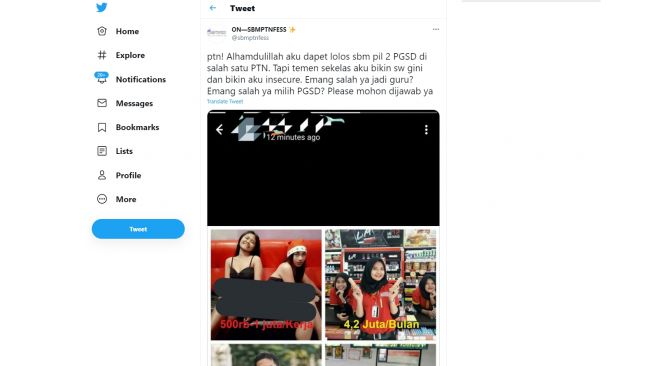 Curhat Warganet Insecure Masuk Pendidikan Guru SD (Twitter/Sbmptnfess)