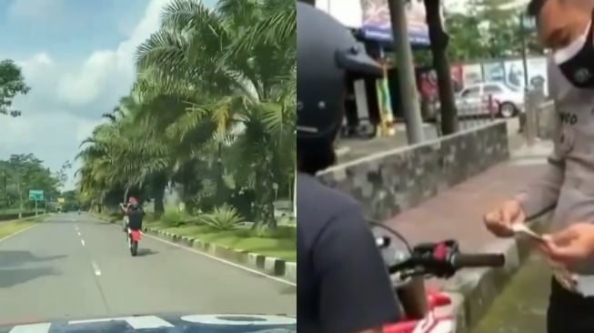 Penunggang Honda CRF150L Keasyikan Atraksi, Tak Sadar di Belakangnya Ada Mobil Polisi