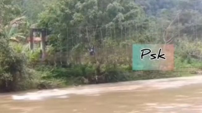 Seorang perempuan berhijab viral di media sosial. Bergelantungan dan meniti tali jembatan gantung. Menyeberangi sungai di Kabupaten Mamasa, Sulbar [SuaraSulsel.id / Instagram peristiwa_sekitar_kita]